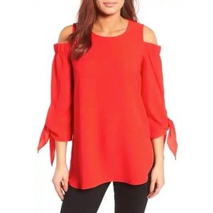 Gibson Cherry Red Cold Shoulder Tie Blouse